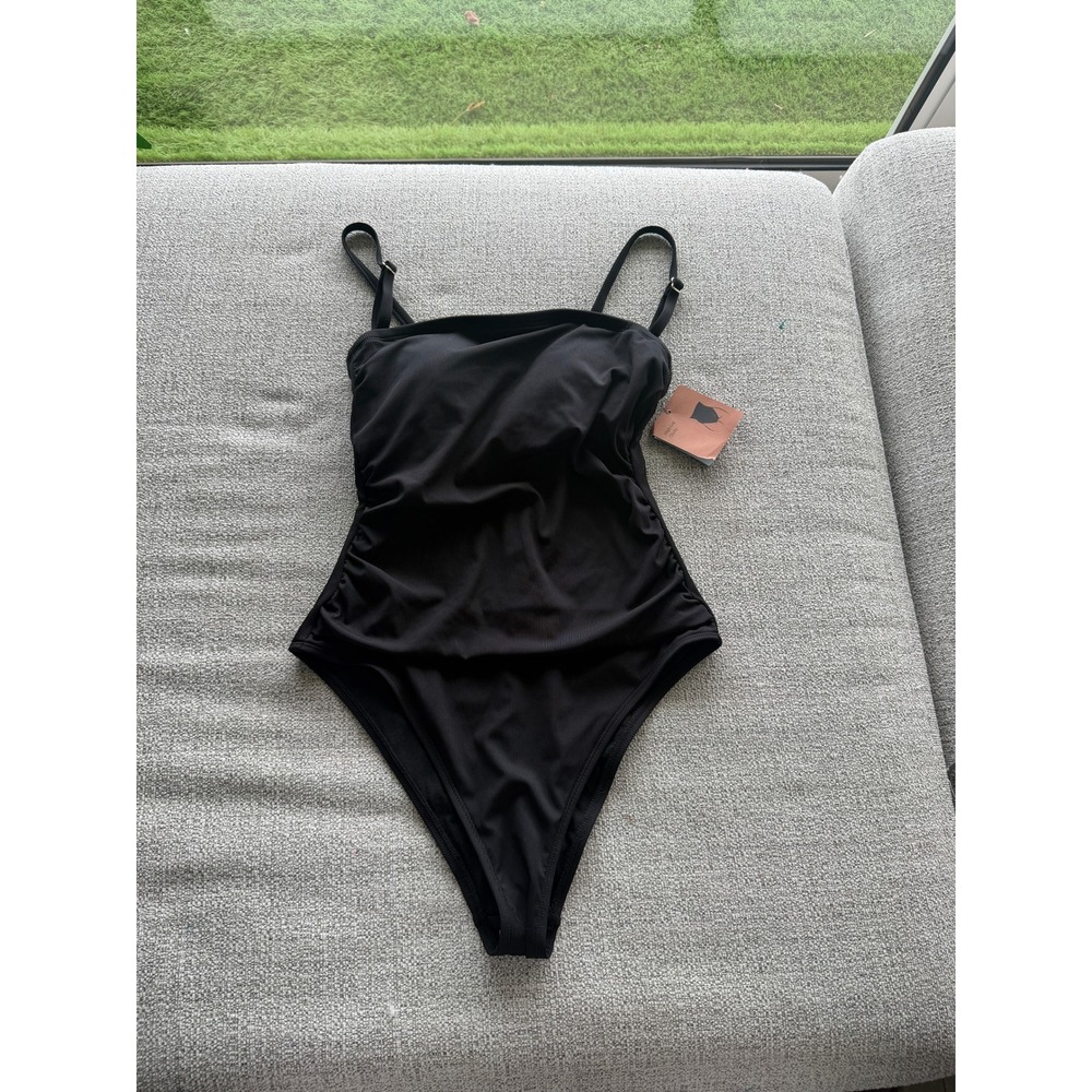 Shade & Shore Womens Black Ribbed Ruched One Piece Swimsuit Size M 8-10 NWT